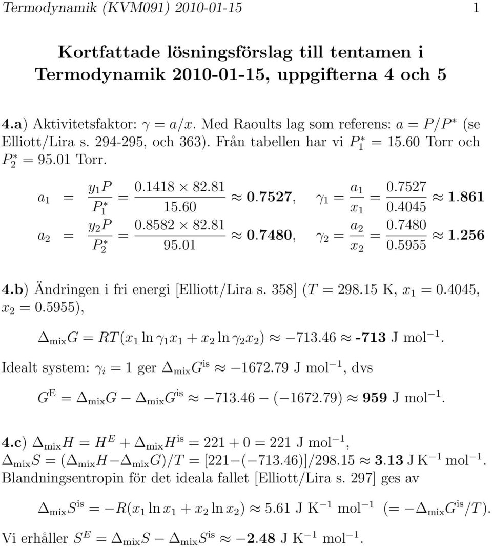 7527, γ 1 = a 1 x 1 = 0.7527 0.4045 1.861 0.7480, γ 2 = a 2 x 2 = 0.7480 0.5955 1.256 4.b) Ändringen i fri energi [Elliott/Lira s. 358] (T = 298.15 K, x 1 = 0.4045, x 2 = 0.