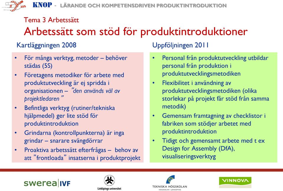 är inga grindar snarare svängdörrar Proaktiva arbetssätt efterfrågas behov av att frontloada insatserna i produktprojekt Personal från produktutveckling utbildar personal från produktion i