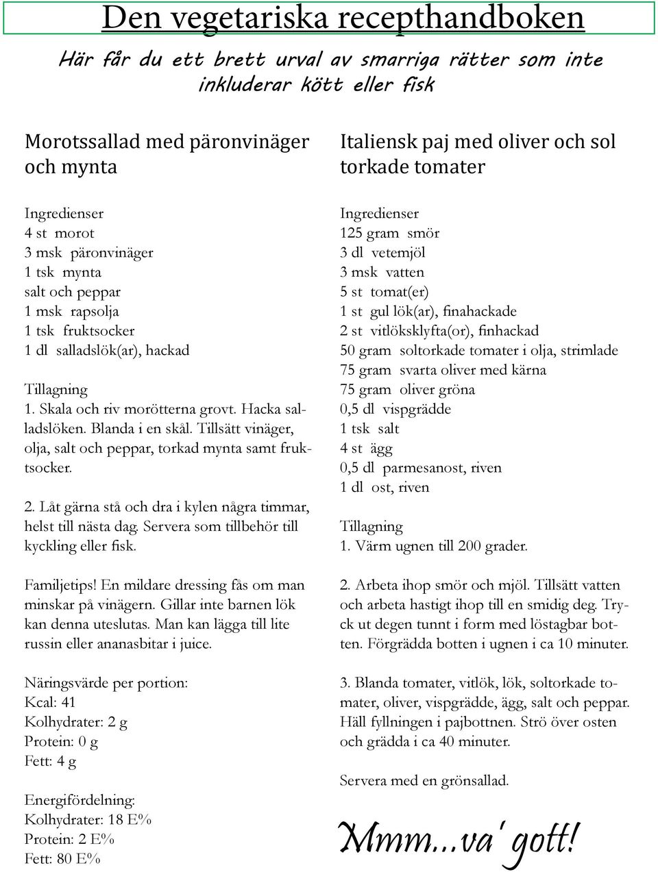 Låt gärna stå och dra i kylen några timmar, helst till nästa dag. Servera som tillbehör till kyckling eller fisk. Familjetips! En mildare dressing fås om man minskar på vinägern.