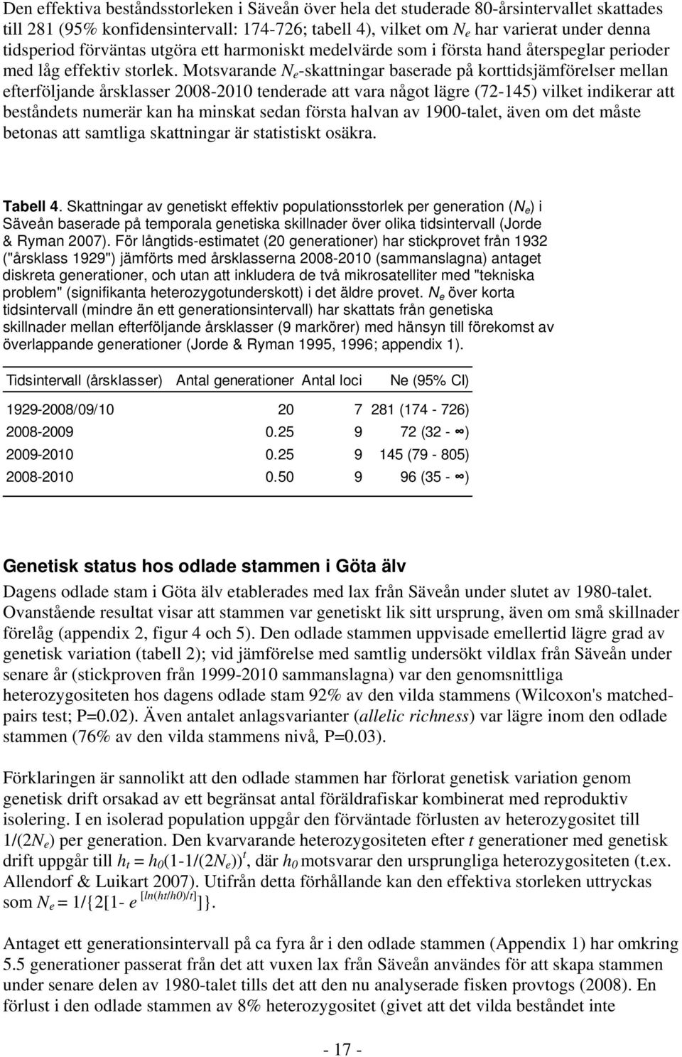 Motsvarande N e -skattningar baserade på korttidsjämförelser mellan efterföljande årsklasser 2008-2010 tenderade att vara något lägre (72-145) vilket indikerar att beståndets numerär kan ha minskat