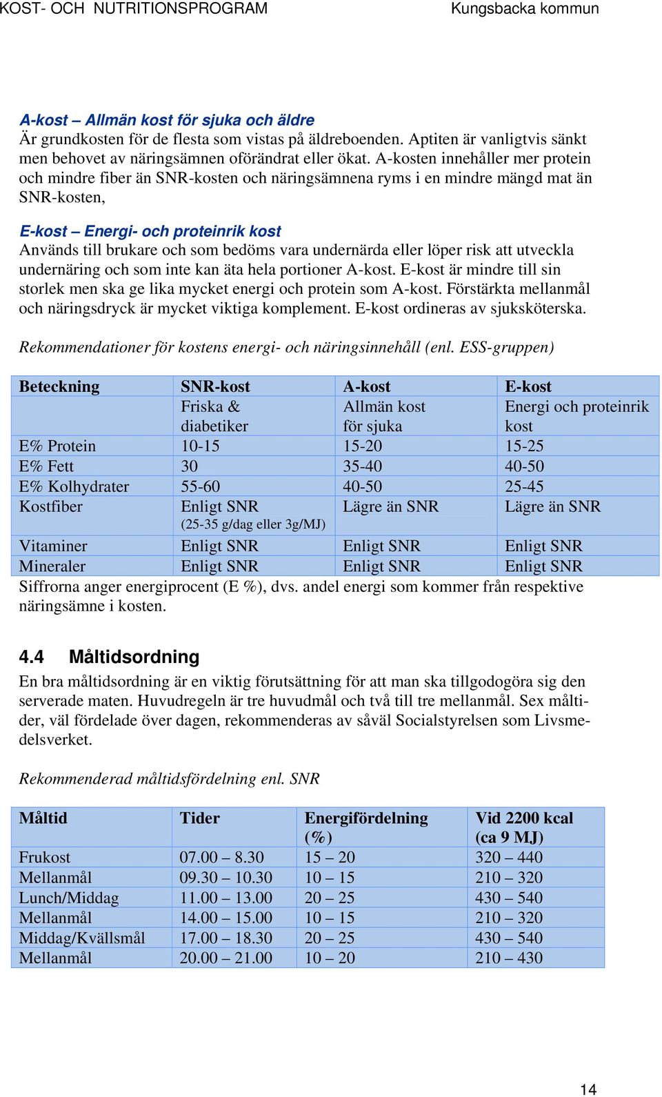 undernärda eller löper risk att utveckla undernäring och som inte kan äta hela portioner A-kost. E-kost är mindre till sin storlek men ska ge lika mycket energi och protein som A-kost.