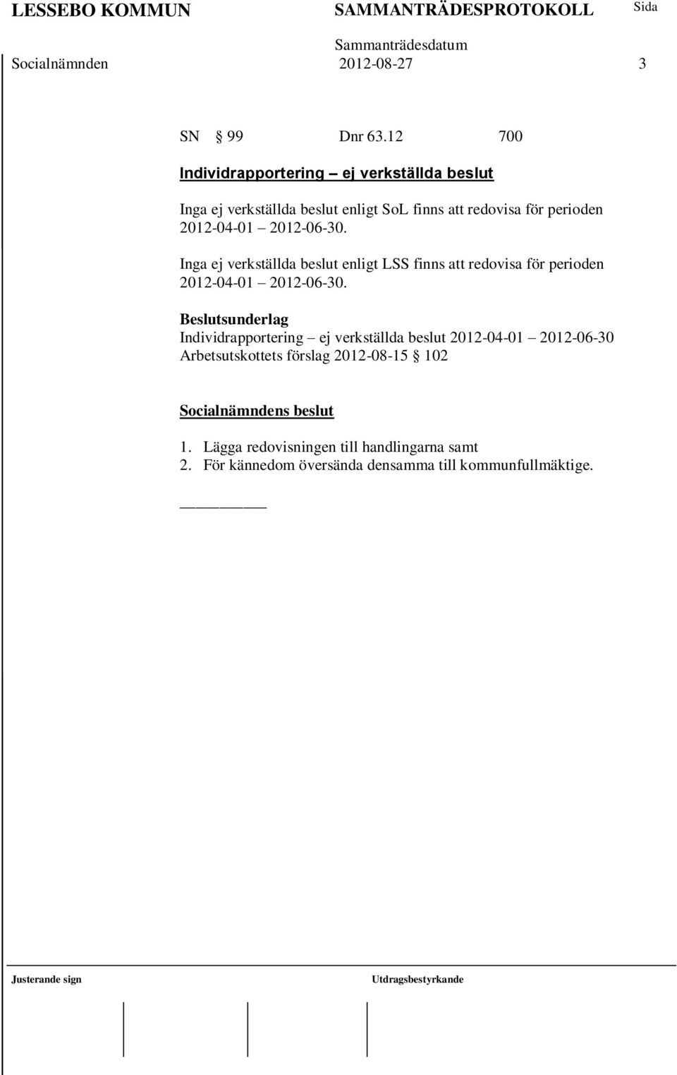 2012-04-01 2012-06-30. Inga ej verkställda beslut enligt LSS finns att redovisa för perioden 2012-04-01 2012-06-30.