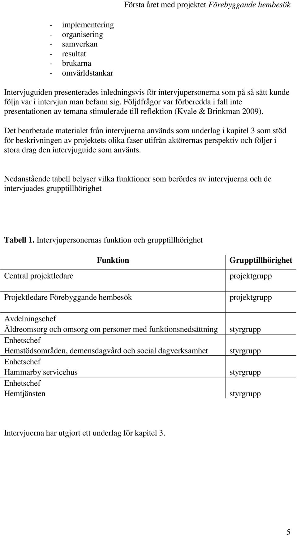 Det bearbetade materialet från intervjuerna används som underlag i kapitel 3 som stöd för beskrivningen av projektets olika faser utifrån aktörernas perspektiv och följer i stora drag den