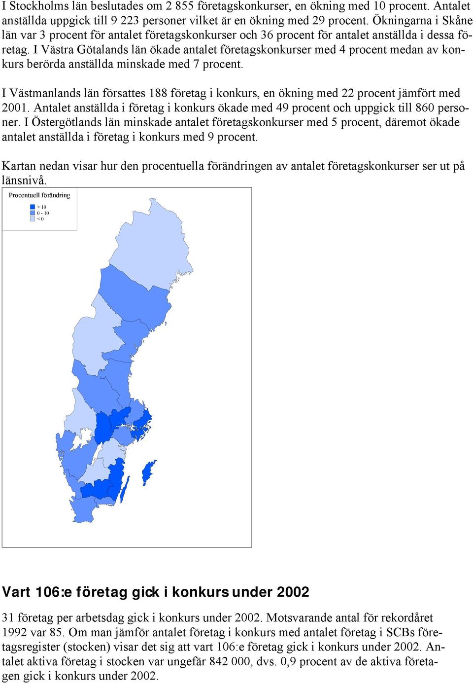 I Västra Götalands län ökade antalet företagskonkurser med 4 procent medan av konkurs berörda anställda minskade med 7 procent.