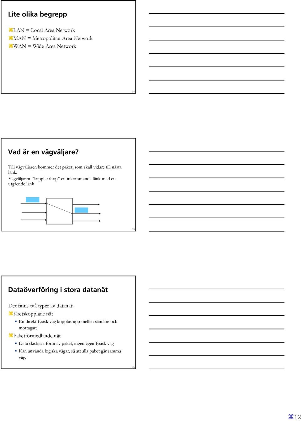 35 Dataöverföring i stora datanät Det finns två typer av datanät: Kretskopplade nät En direkt fysisk väg kopplas upp mellan sändare och
