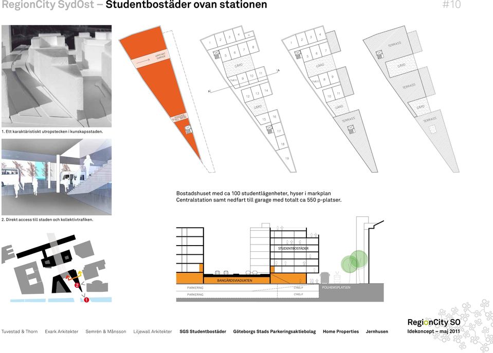 Bostadshuset med ca 100 studentlägenheter, hyser i markplan Centralstation samt nedfart till
