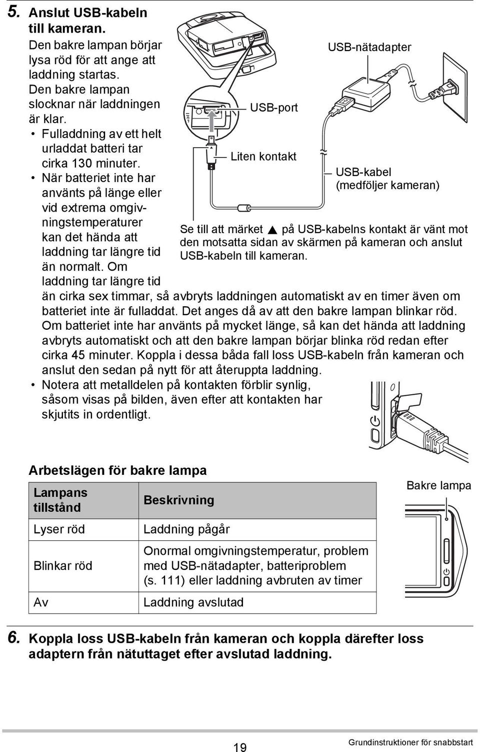 Om laddning tar längre tid USB-port Liten kontakt USB-nätadapter USB-kabel (medföljer kameran) Se till att märket 8 på USB-kabelns kontakt är vänt mot den motsatta sidan av skärmen på kameran och
