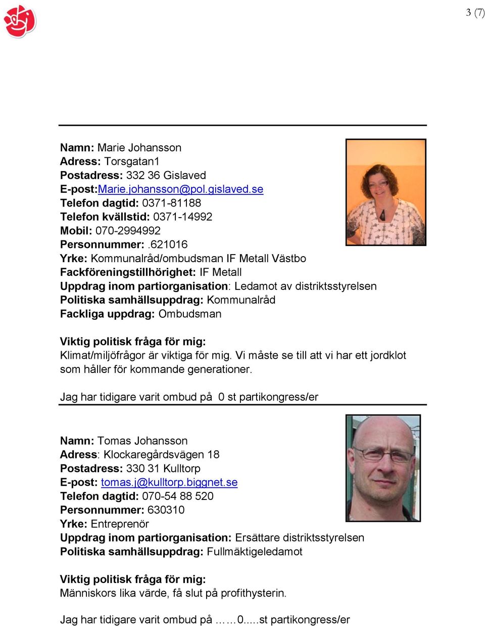 621016 Yrke: Kommunalråd/ombudsman IF Metall Västbo Fackföreningstillhörighet: IF Metall Uppdrag inom partiorganisation: Ledamot av distriktsstyrelsen Politiska samhällsuppdrag: Kommunalråd Fackliga