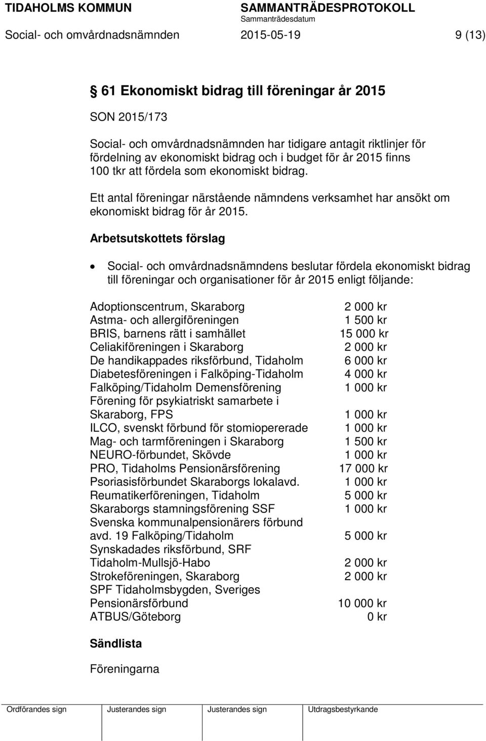 Arbetsutskottets förslag Social- och omvårdnadsnämndens beslutar fördela ekonomiskt bidrag till föreningar och organisationer för år 2015 enligt följande: Adoptionscentrum, Skaraborg Astma- och