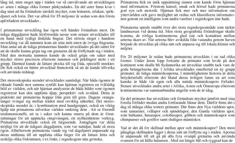 I primaternas utveckling har ögon och händer förändrats mest. De tidiga däggdjuren hade kloförsedda tassar som senare utvecklades till en hand med tydligt åtskilda fingrar.
