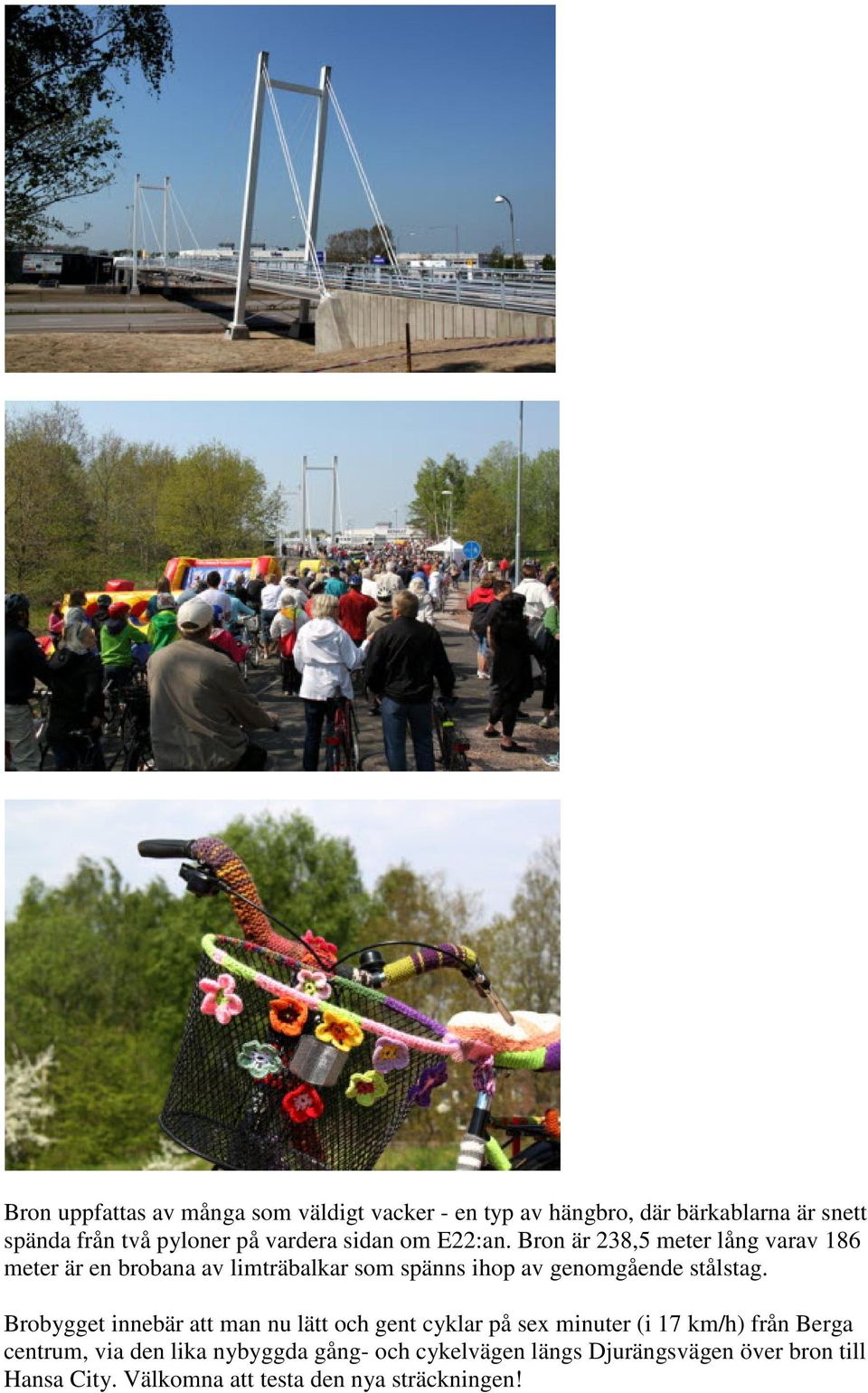 Bron är 238,5 meter lång varav 186 meter är en brobana av limträbalkar som spänns ihop av genomgående stålstag.