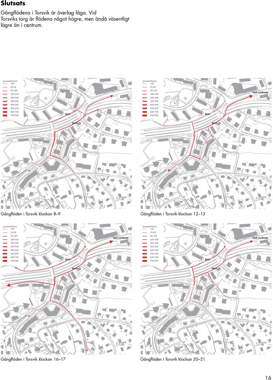 600-700 700-800 buss mot centrum buss buss Gångflöden i Torsvik klockan 8 9 Gångflöden i Torsvik klockan 12 13 l 16-17 personer/timme <25 25-50 50-100 100-200 200-300 300-400 400-500