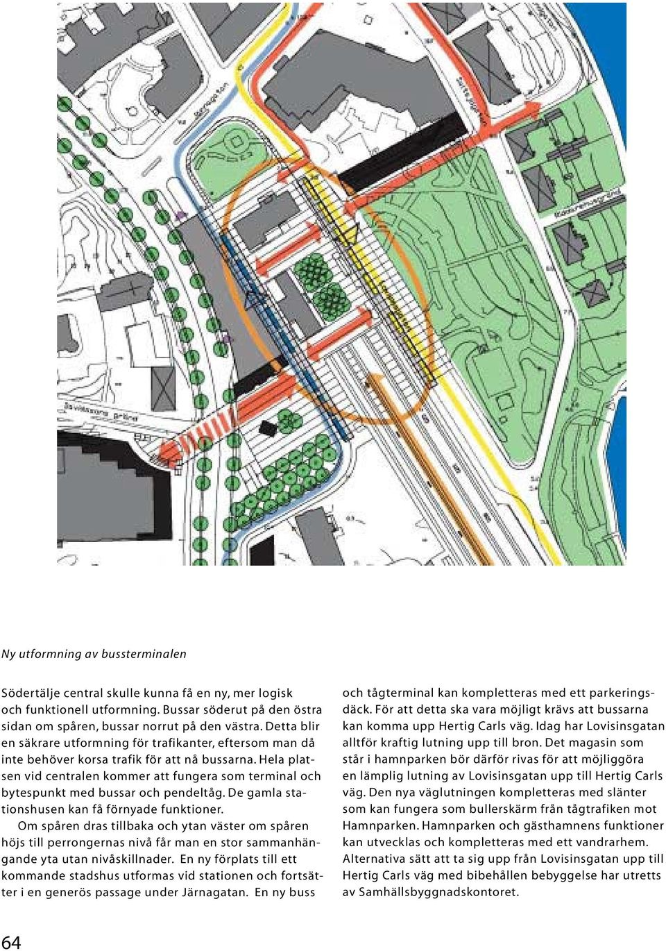 Hela platsen vid centralen kommer att fungera som terminal och bytespunkt med bussar och pendeltåg. De gamla stationshusen kan få förnyade funktioner.