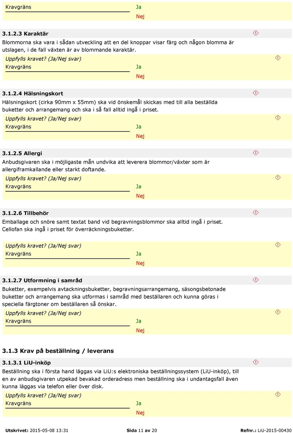 Cellofan ska ingå i priset för överräckningsbuketter. Uppfylls kravet? (/ svar) 3.1.2.