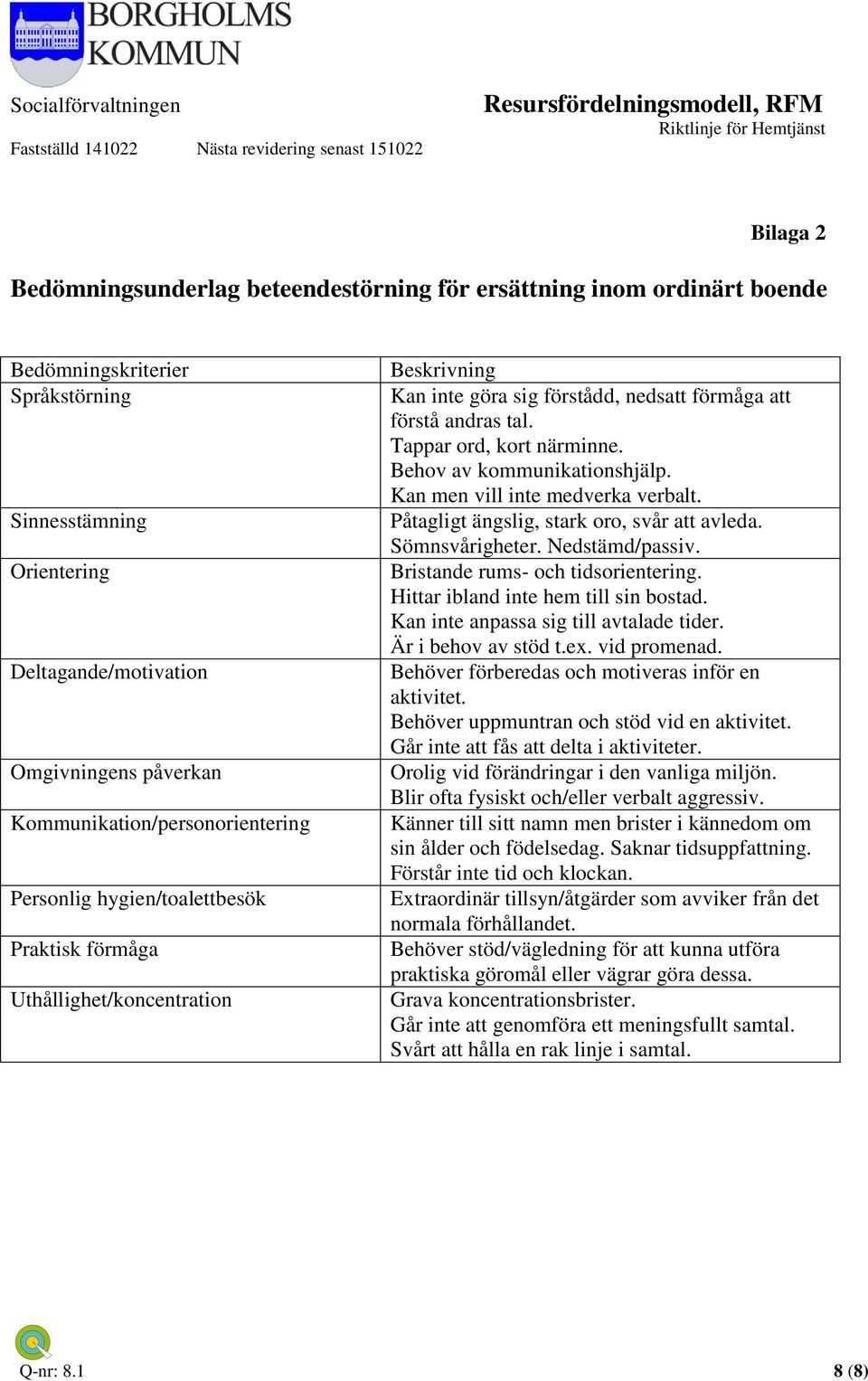 Tappar ord, kort närminne. Behov av kommunikationshjälp. Kan men vill inte medverka verbalt. Påtagligt ängslig, stark oro, svår att avleda. Sömnsvårigheter. Nedstämd/passiv.