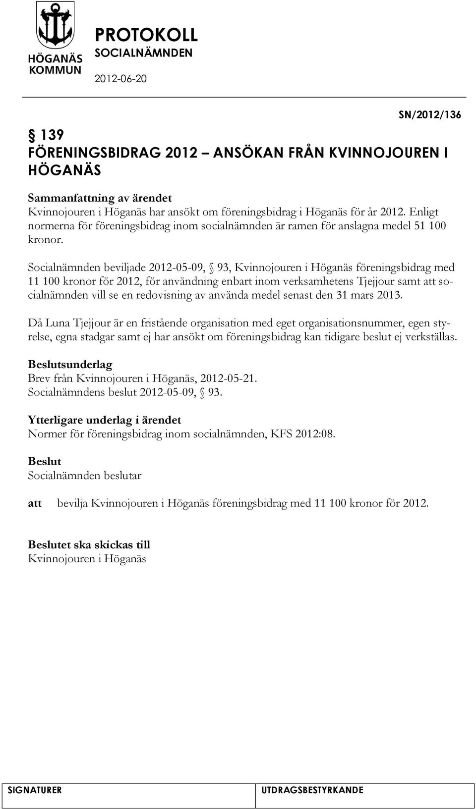 Socialnämnden beviljade 2012-05-09, 93, Kvinnojouren i Höganäs föreningsbidrag med 11 100 kronor för 2012, för användning enbart inom verksamhetens Tjejjour samt socialnämnden vill se en redovisning