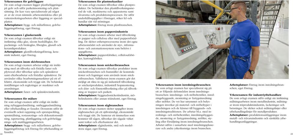 Arbetsplatser: bygg- och målarfirmor, golvbeläggningsföretag, Yrkesexamen i glaskeramik De som avlagt examen tillverkar enligt sin inriktning olika glas, såsom hushållsglas, förpacknings- och
