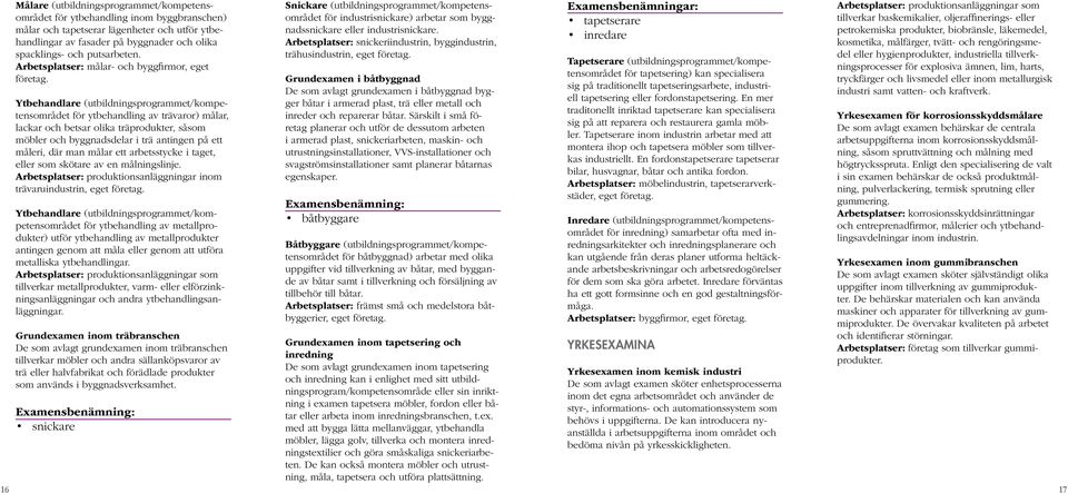 Ytbehandlare (utbildningsprogrammet/kompetensområdet för ytbehandling av trävaror) målar, lackar och betsar olika träprodukter, såsom möbler och byggnadsdelar i trä antingen på ett måleri, där man