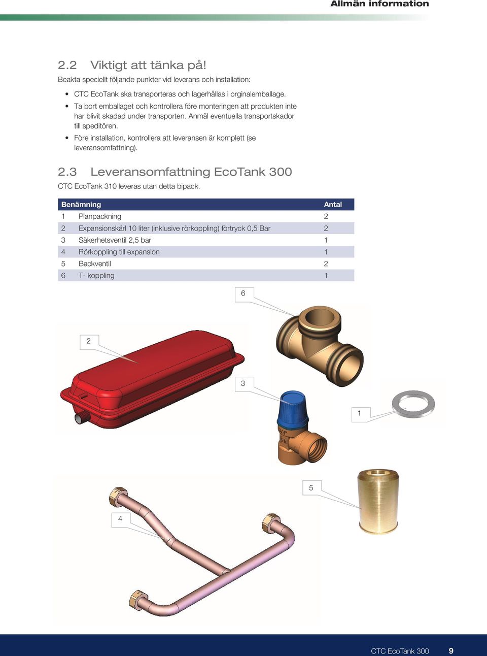 Före installation, kontrollera att leveransen är komplett (se leveransomfattning). 2.3 Leveransomfattning EcoTank 300 CTC EcoTank 310 leveras utan detta bipack.