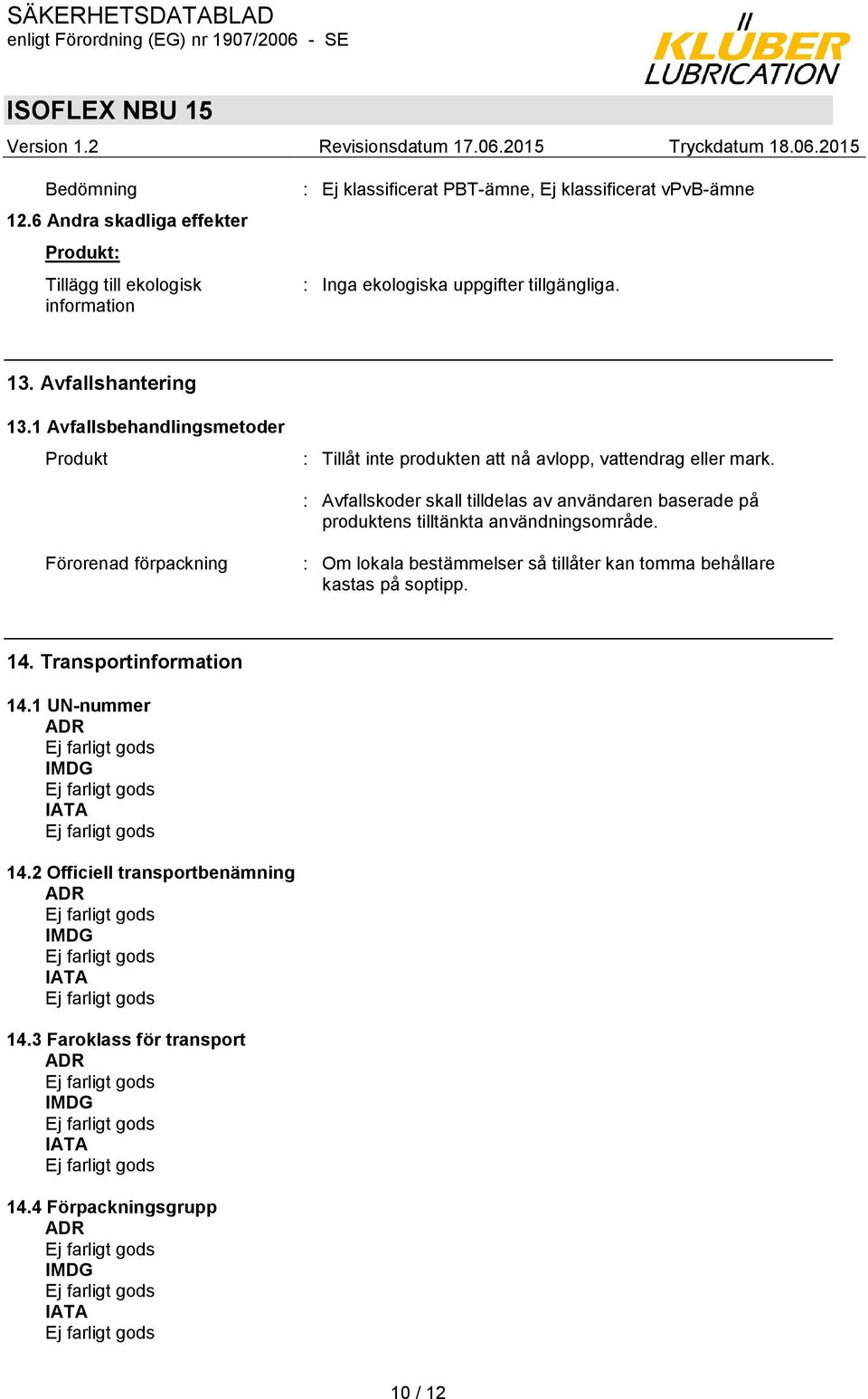 Avfallshantering 13.1 Avfallsbehandlingsmetoder Produkt : Tillåt inte produkten att nå avlopp, vattendrag eller mark.