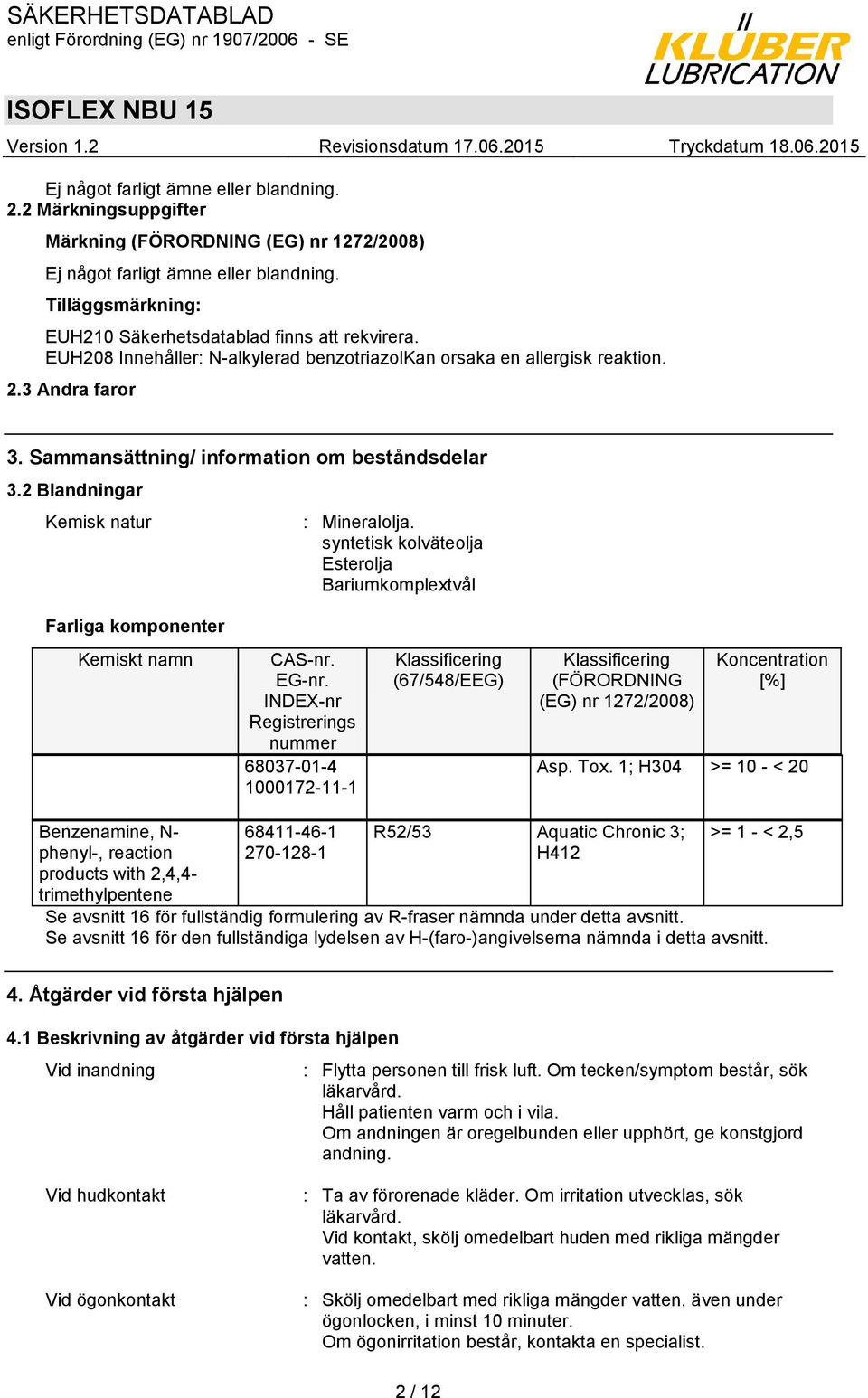 Sammansättning/ information om beståndsdelar 3.2 Blandningar Kemisk natur Farliga komponenter : Mineralolja. syntetisk kolväteolja Esterolja Bariumkomplextvål Kemiskt namn CAS-nr. EG-nr.
