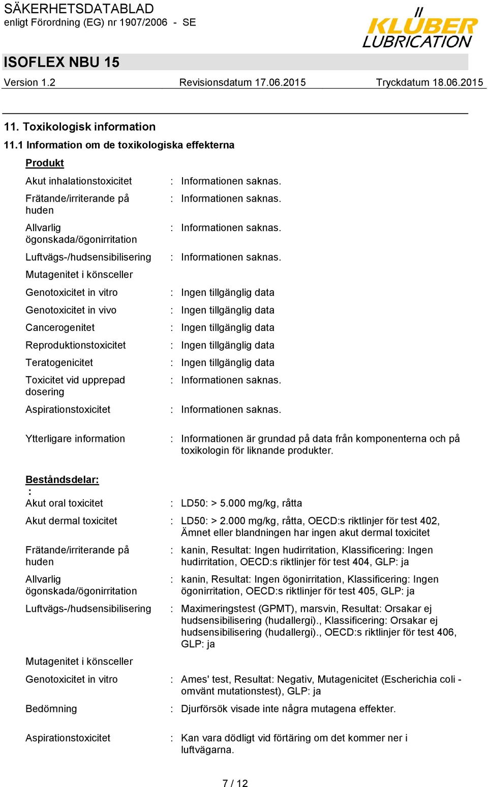 Genotoxicitet in vitro Genotoxicitet in vivo Cancerogenitet Reproduktionstoxicitet Teratogenicitet Toxicitet vid upprepad dosering Aspirationstoxicitet : Informationen saknas.