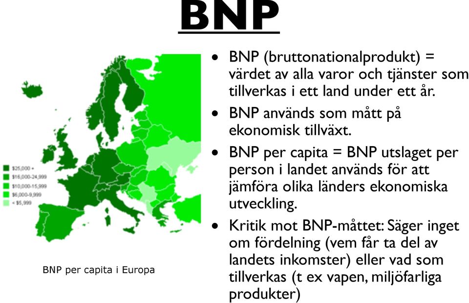 BNP per capita = BNP utslaget per person i landet används för att jämföra olika länders ekonomiska