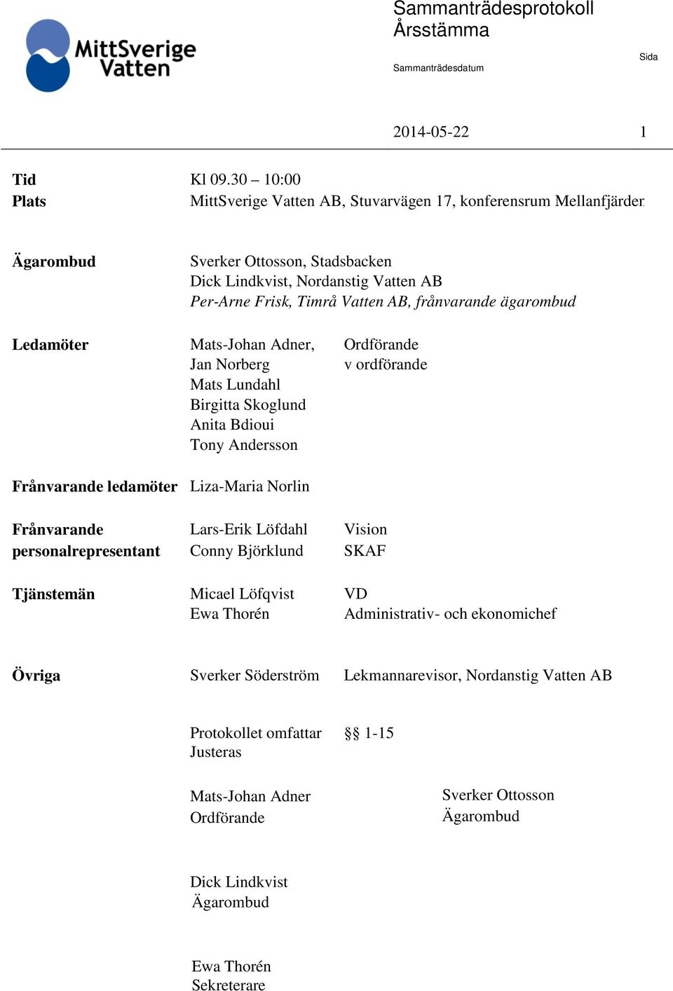 frånvarande ägarombud Ledamöter Mats-Johan Adner, Jan Norberg Mats Lundahl Birgitta Skoglund Anita Bdioui Tony Andersson Ordförande v ordförande Frånvarande ledamöter Liza-Maria