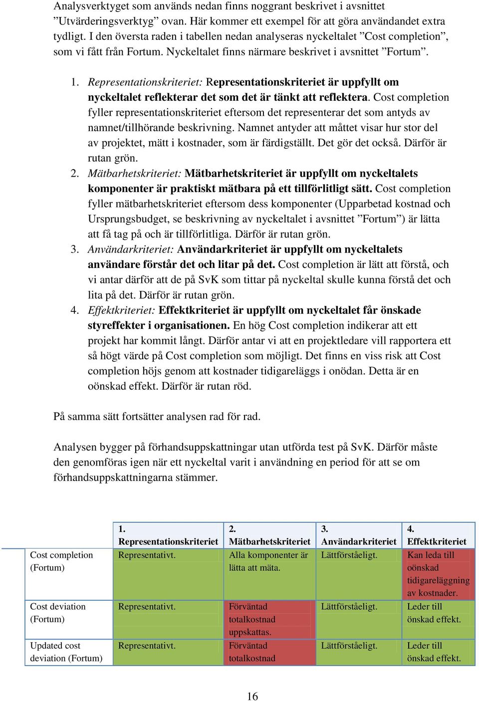 Representationskriteriet: Representationskriteriet är uppfyllt om nyckeltalet reflekterar det som det är tänkt att reflektera.