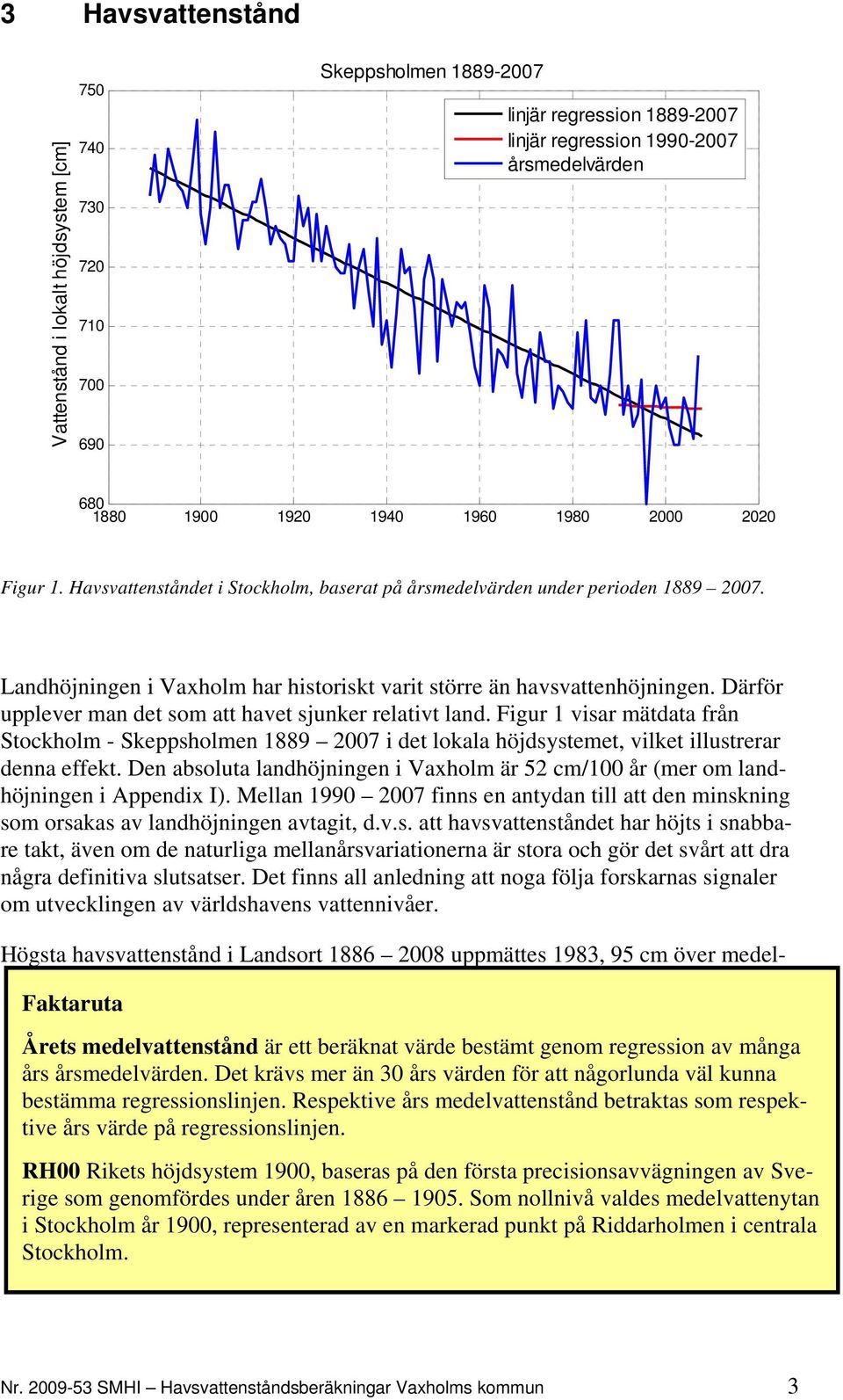 Därför upplever man det som att havet sjunker relativt land. Figur 1 visar mätdata från Stockholm - Skeppsholmen 1889 2007 i det lokala höjdsystemet, vilket illustrerar denna effekt.