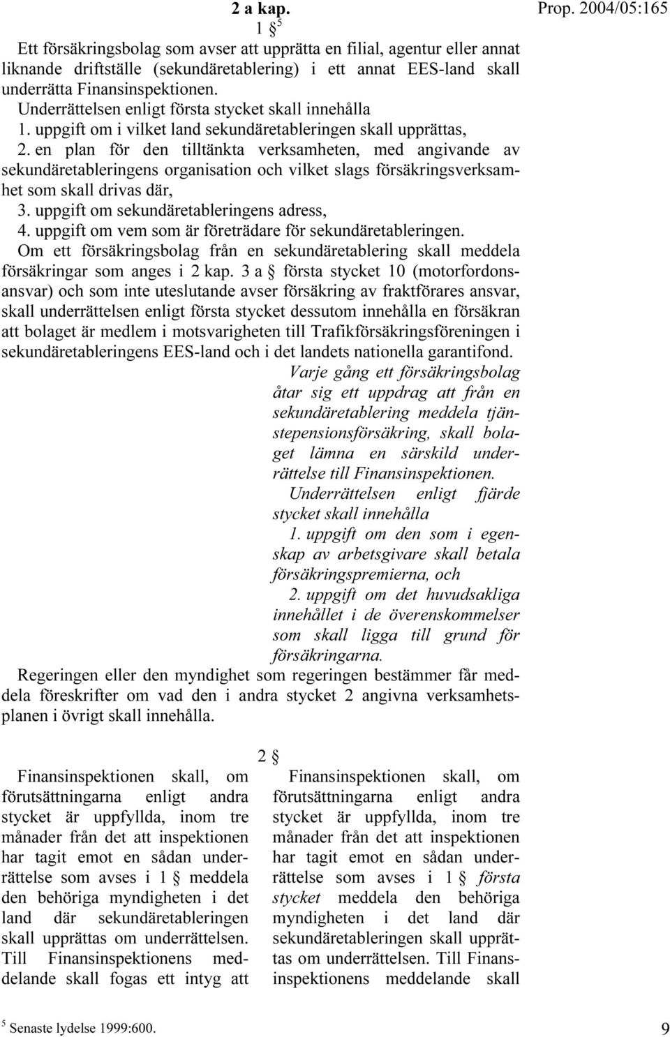 en plan för den tilltänkta verksamheten, med angivande av sekundäretableringens organisation och vilket slags försäkringsverksamhet som skall drivas där, 3. uppgift om sekundäretableringens adress, 4.