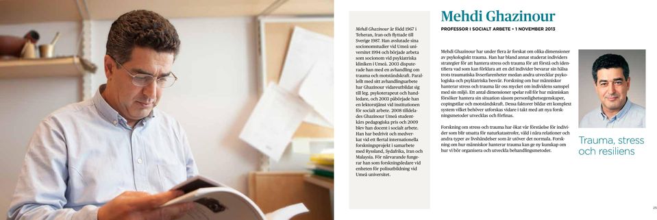 Parallellt med sitt avhandlingsarbete har Ghazinour vidareutbildat sig till leg. psykoterapeut och handledare, och 2003 påbörjade han en lektorstjänst vid institutionen för socialt arbete.