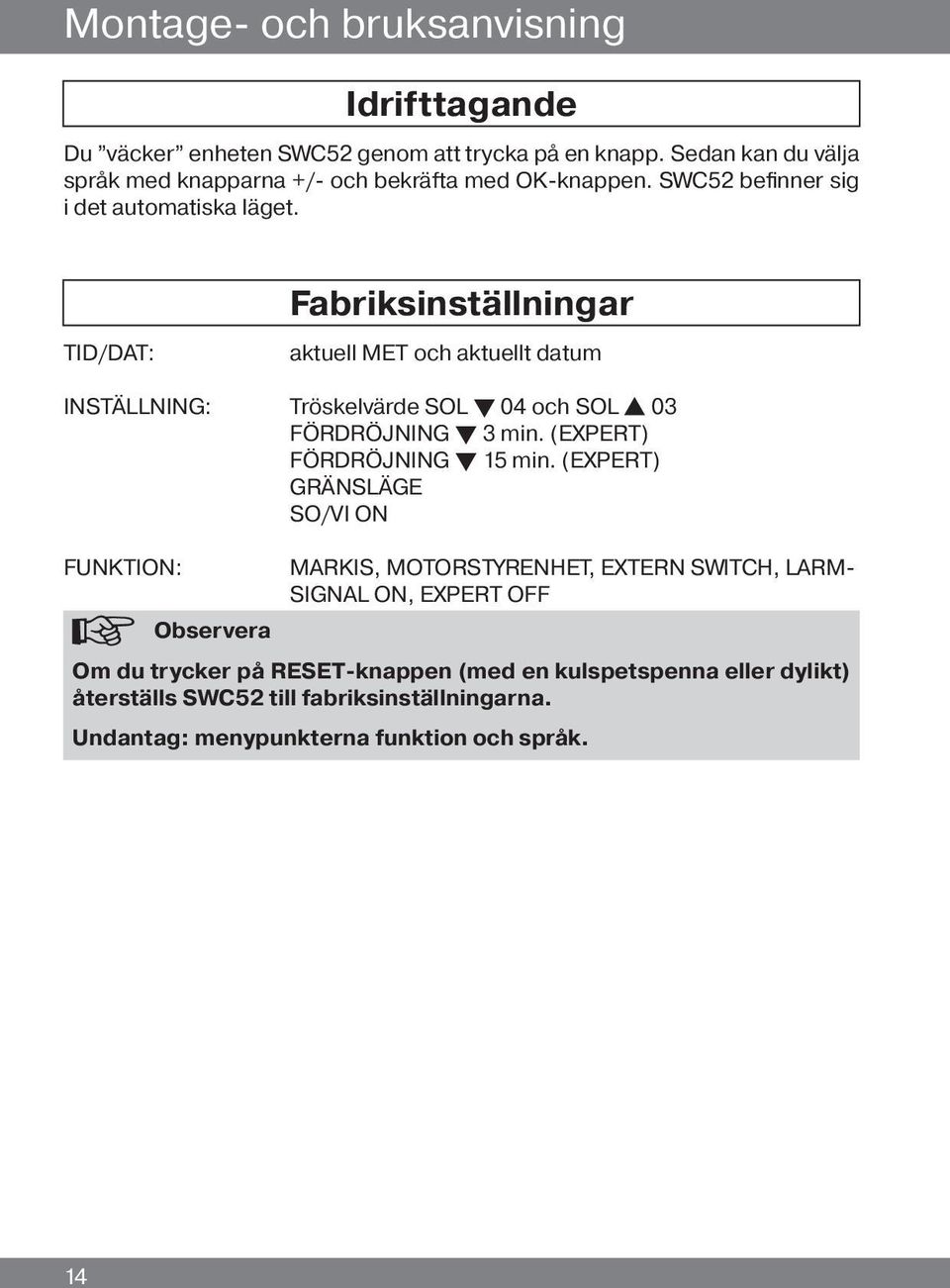 TID/DAT: Fabriksinställningar aktuell MET och aktuellt datum INSTÄLLNING: Tröskelvärde SOL t 04 och SOL s 03 FÖRDRÖJNING t 3 min. (EXPERT) FÖRDRÖJNING t 15 min.