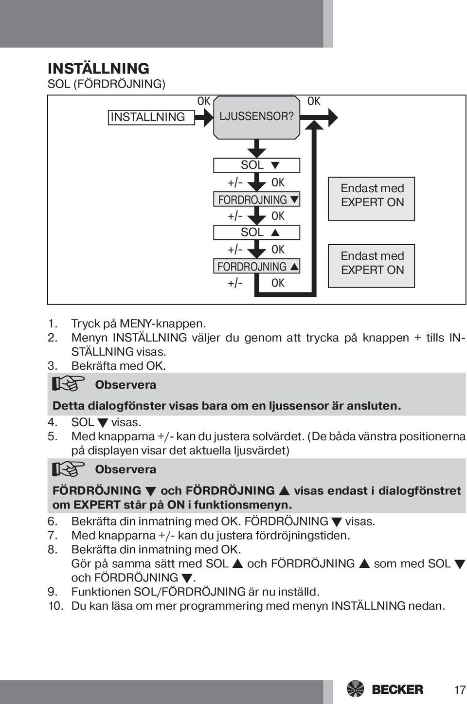 Med knapparna +/- kan du justera solvärdet.