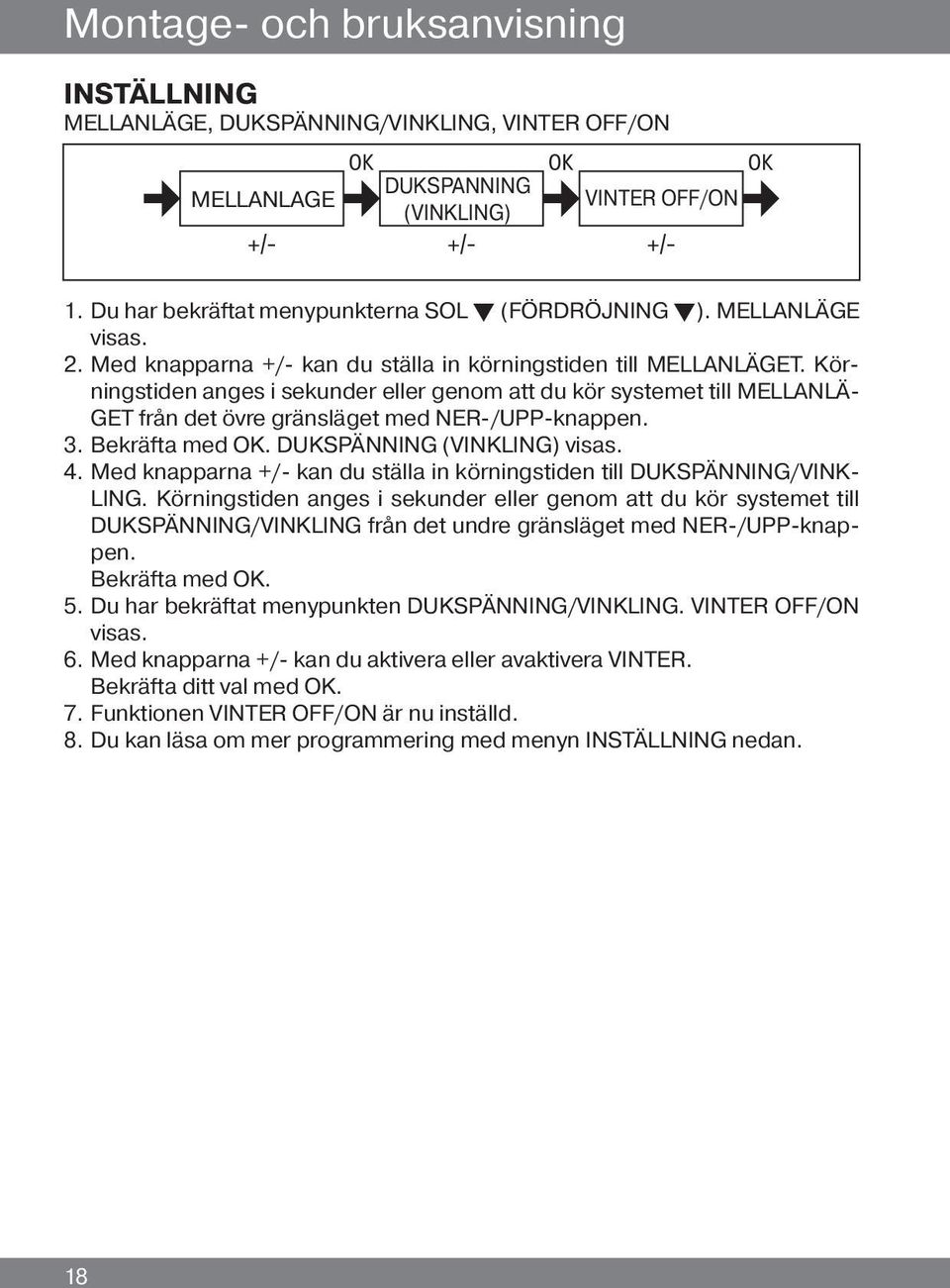 Körningstiden anges i sekunder eller genom att du kör systemet till MELLANLÄ- GET från det övre gränsläget med NER-/UPP-knappen. 3. Bekräfta med OK. DUKSPÄNNING (VINKLING) visas. 4.