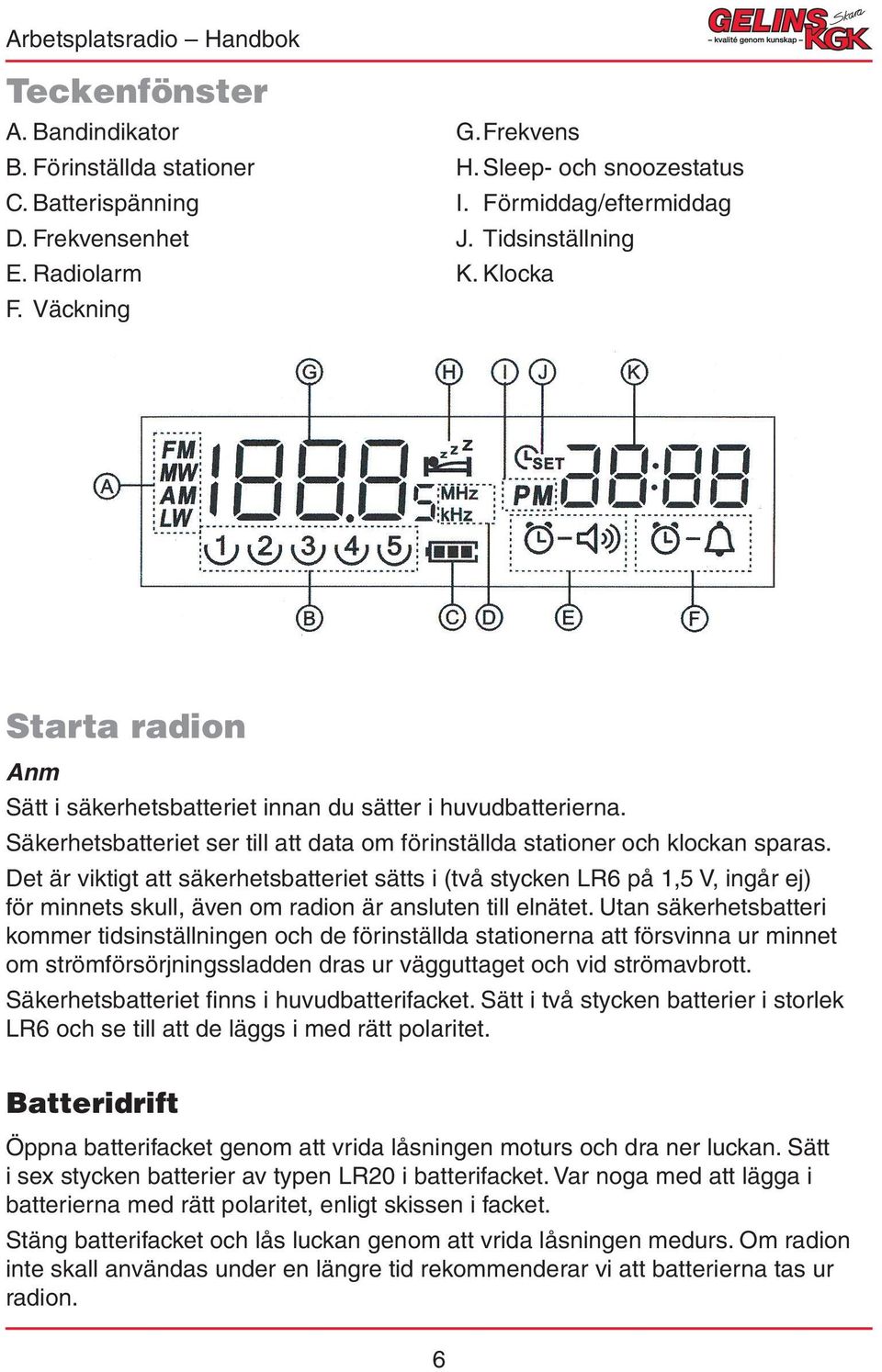 Det är viktigt att säkerhetsbatteriet sätts i (två stycken LR6 på 1,5 V, ingår ej) för minnets skull, även om radion är ansluten till elnätet.