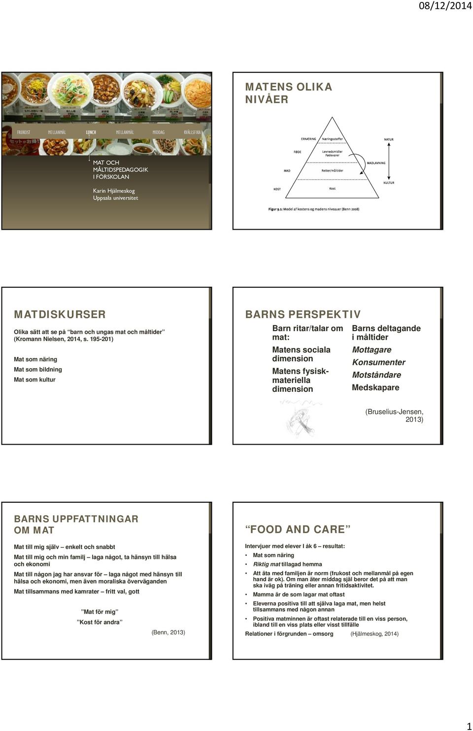 195-201) Mat som näring Mat som bildning Mat som kultur BARNS PERSPEKTIV Barn ritar/talar om mat: Matens sociala dimension Matens fysiskmateriella dimension Barns deltagande i måltider Mottagare