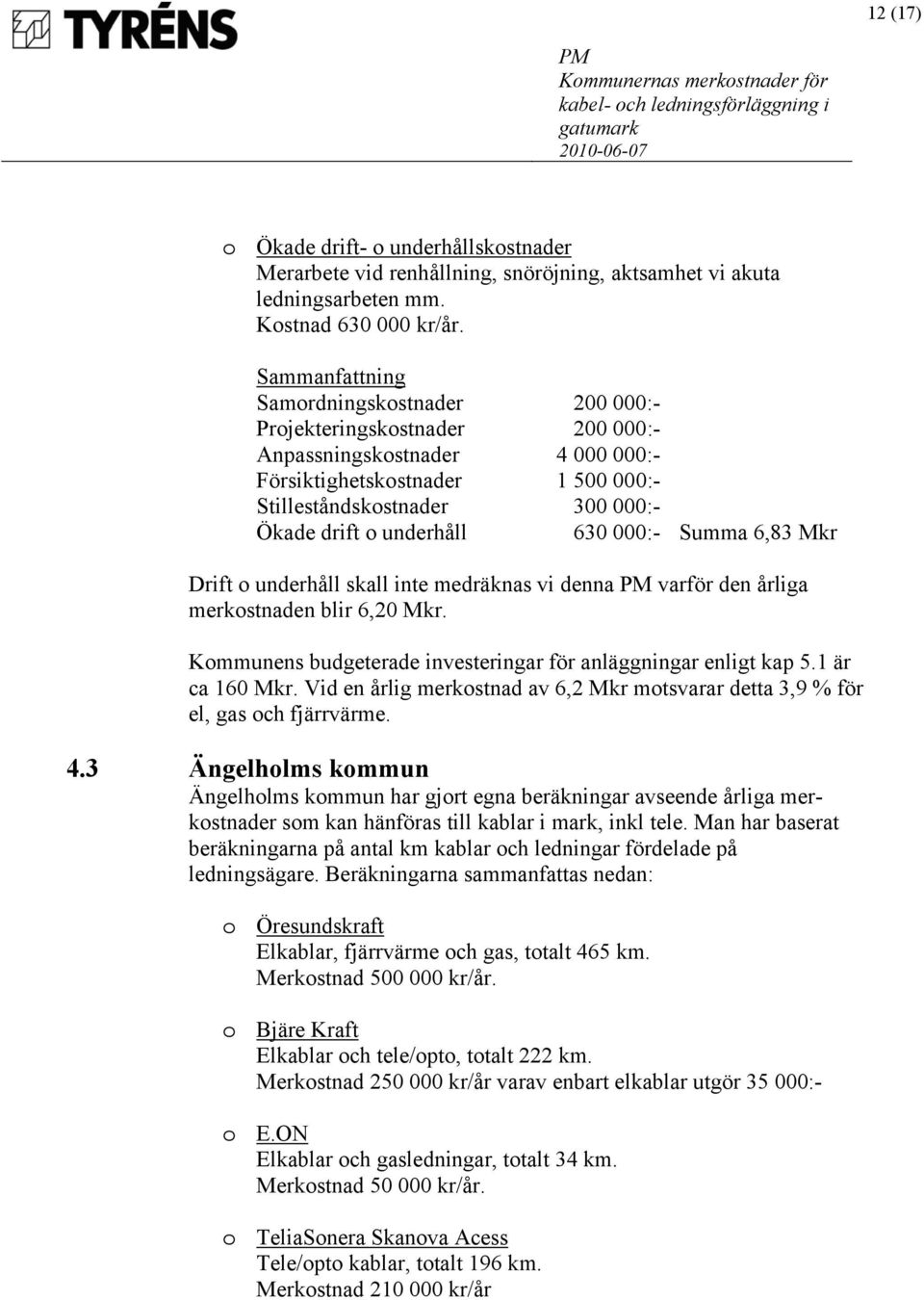 underhåll 630 000:- Summa 6,83 Mkr Drift o underhåll skall inte medräknas vi denna varför den årliga merkostnaden blir 6,20 Mkr. Kommunens budgeterade investeringar för anläggningar enligt kap 5.