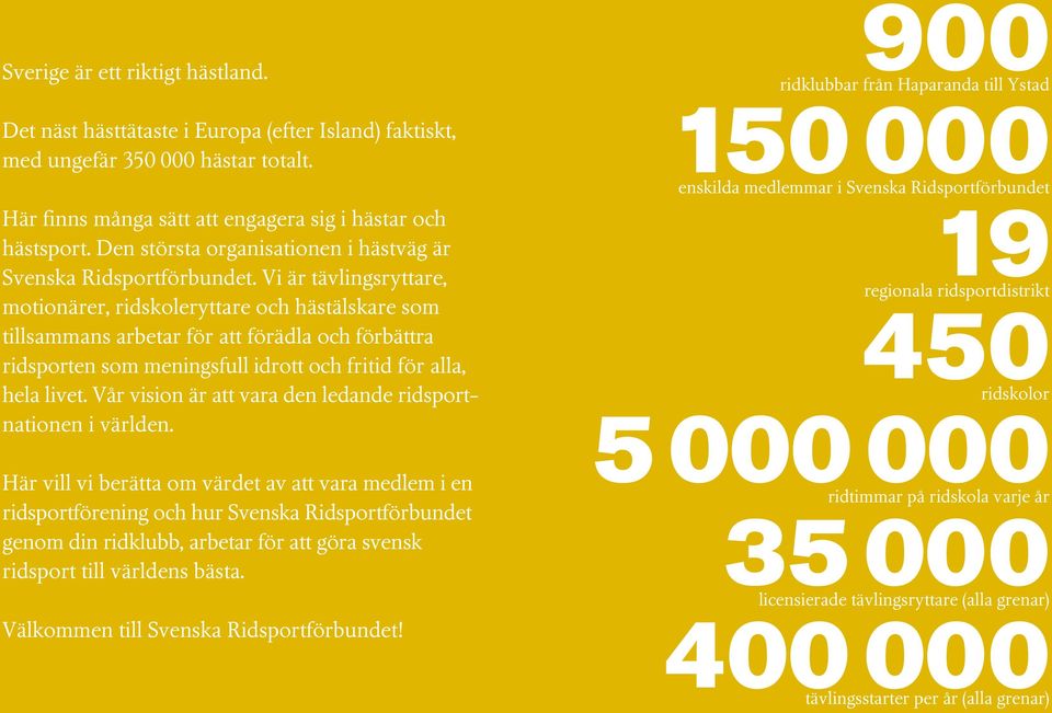 Vi är tävlingsryttare, motionärer, ridskoleryttare och hästälskare som tillsammans arbetar för att förädla och förbättra ridsporten som meningsfull idrott och fritid för alla, hela livet.