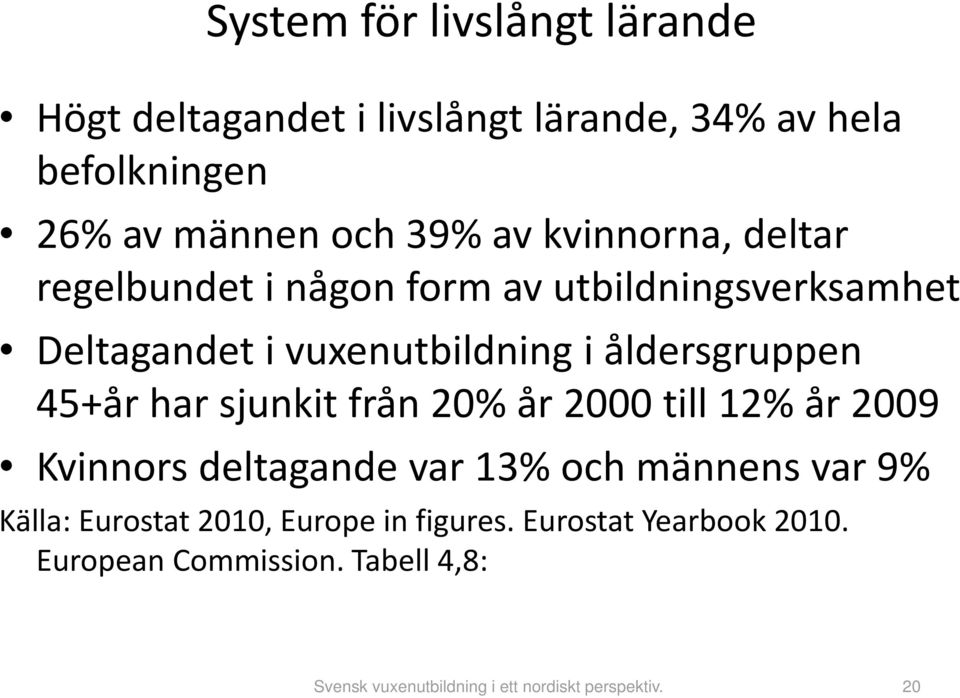 vuxenutbildning i åldersgruppen 45+år har sjunkit från 20% år 2000 till 12% år 2009 Kvinnors deltagande var