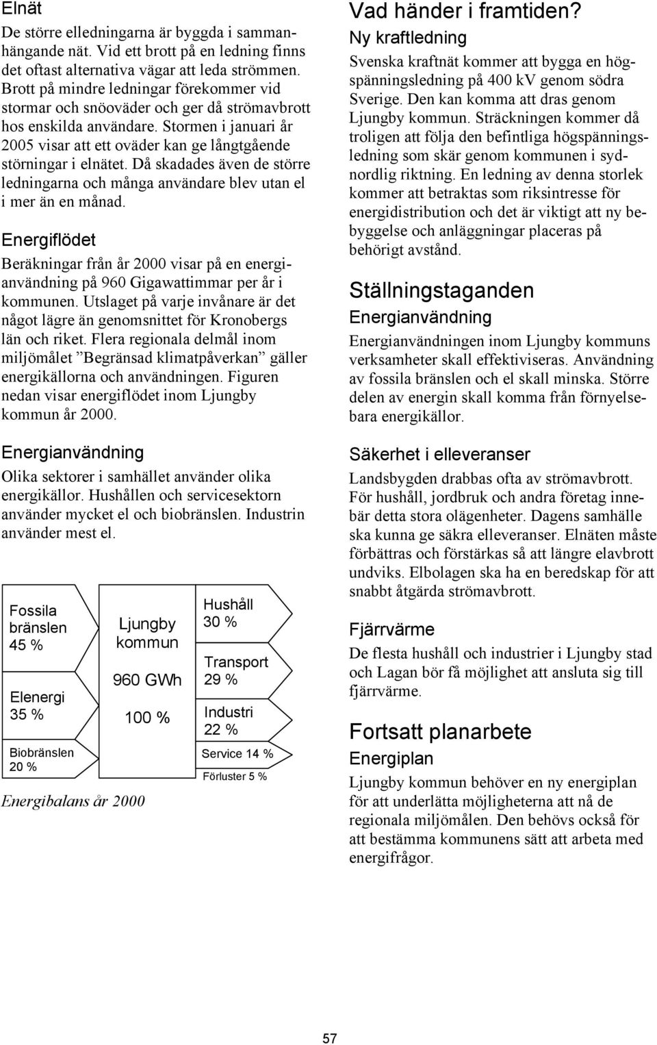 Då skadades även de större ledningarna och många användare blev utan el i mer än en månad. Energiflödet Beräkningar från år 2000 visar på en energianvändning på 960 Gigawattimmar per år i kommunen.