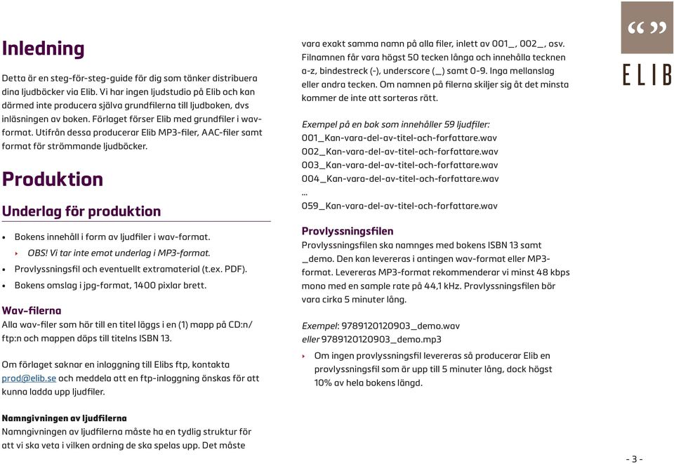 Utifrån dessa producerar Elib MP3-filer, AAC-filer samt format för strömmande ljudböcker. Produktion Underlag för produktion Bokens innehåll i form av ljudfiler i wav-format. OBS!