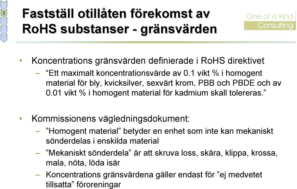01 vikt % i homogent material för kadmium skall tolereras.