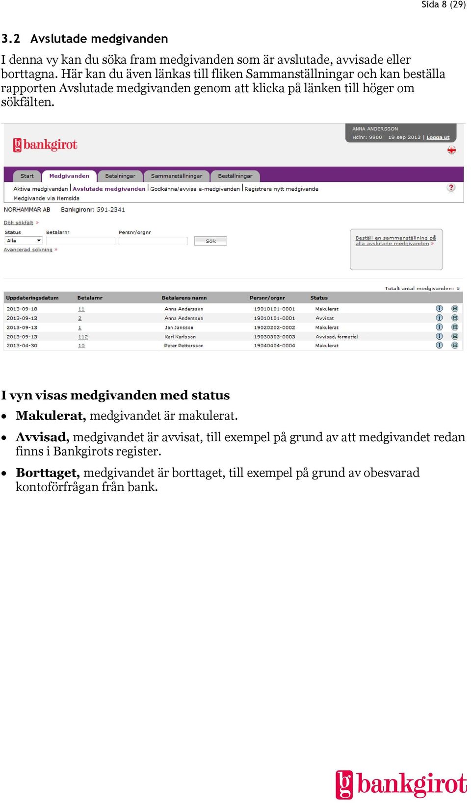 höger om sökfälten. I vyn visas medgivanden med status Makulerat, medgivandet är makulerat.