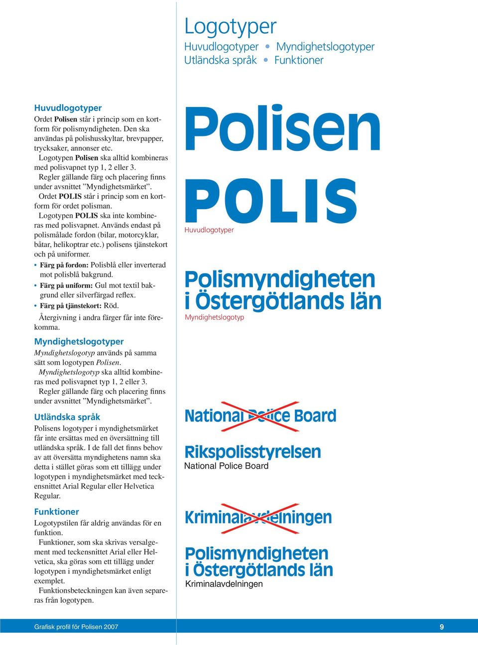 Regler gällande färg och placering finns under avsnittet Myndighetsmärket. Ordet POLIS står i princip som en kortform för ordet polisman. Logotypen POLIS ska inte kombineras med polisvapnet.
