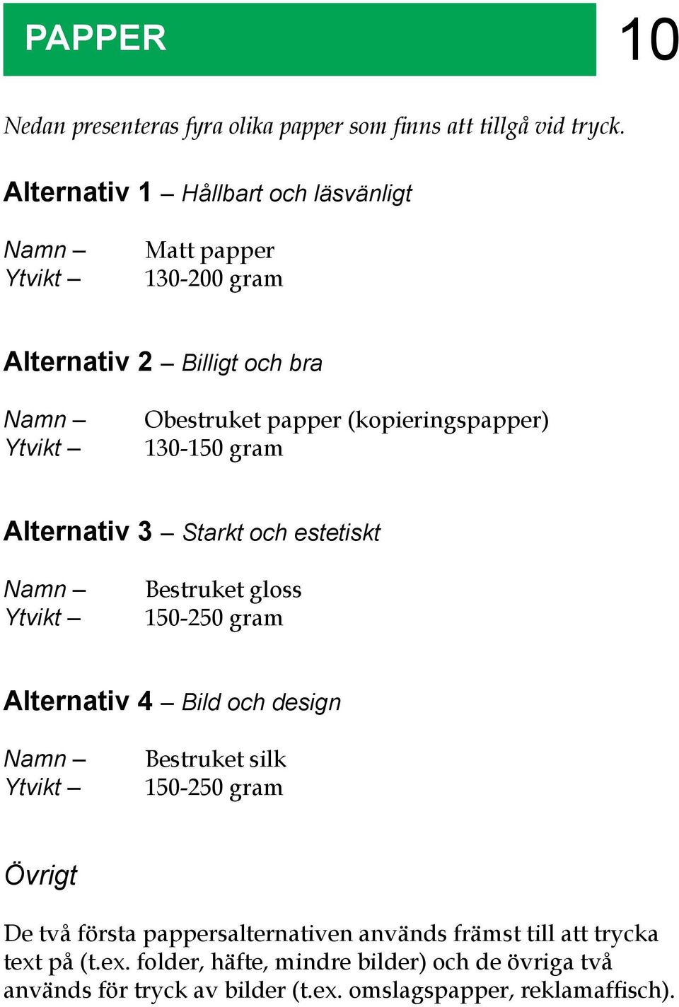 (kopieringspapper) 130-150 gram Alternativ 3 Starkt och estetiskt Namn Ytvikt Bestruket gloss 150-250 gram Alternativ 4 Bild och design Namn