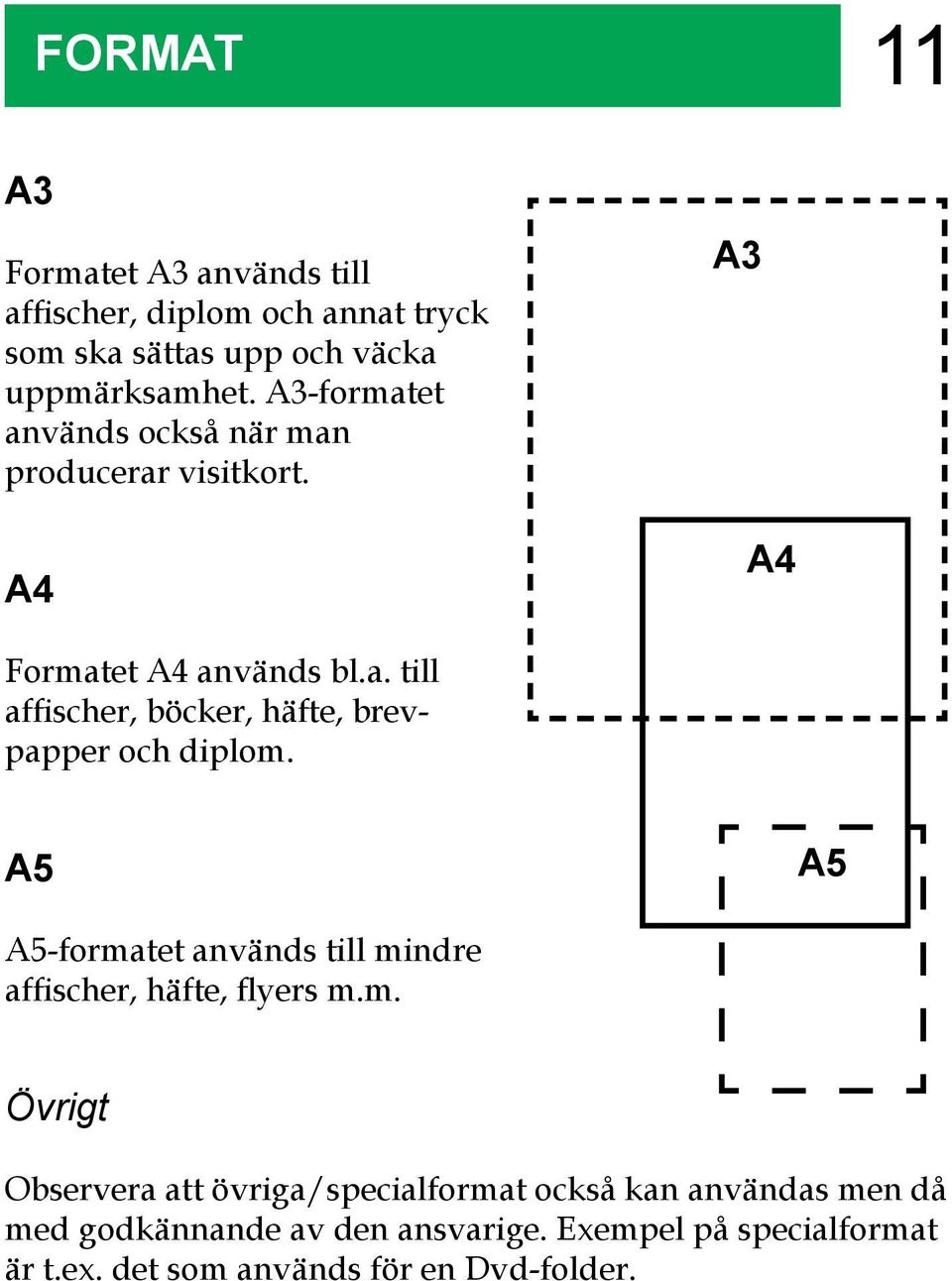 A5 A5 A5-formatet används till mindre affischer, häfte, flyers m.m. Övrigt Observera att övriga/specialformat också kan användas men då med godkännande av den ansvarige.