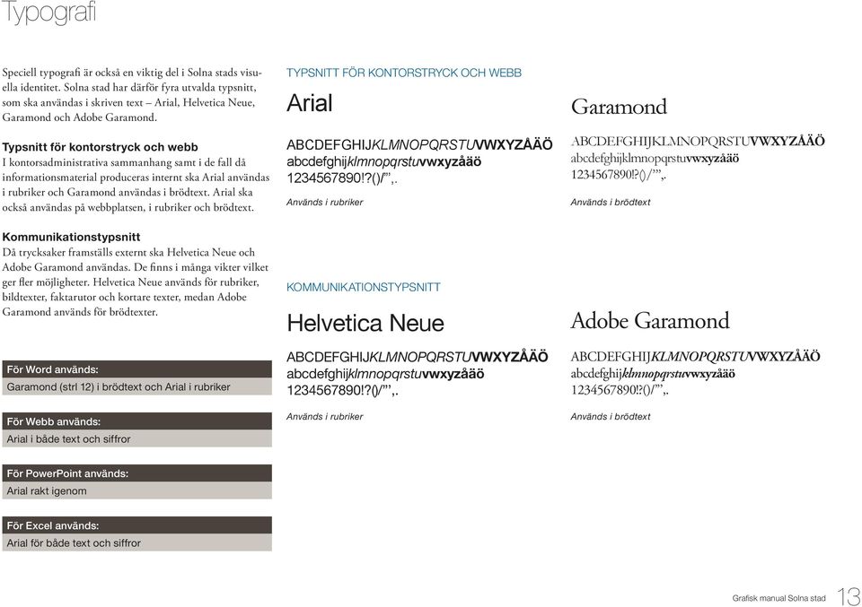 Typsnitt för kontorstryck och webb I kontorsadministrativa sammanhang samt i de fall då informationsmaterial produceras internt ska Arial användas i rubriker och Garamond användas i brödtext.