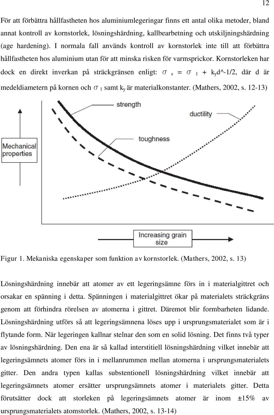 Kornstorleken har dock en direkt inverkan på sträckgränsen enligt: σ s = σ 1 + k y d^-1/2, där d är medeldiametern på kornen och σ 1 samt k y är materialkonstanter. (Mathers, 2002, s. 12-13) Figur 1.