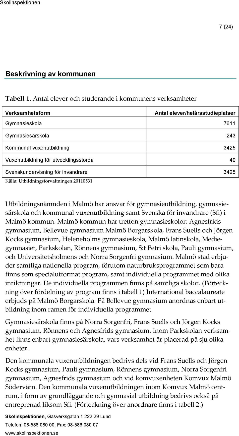 utvecklingsstörda 40 Svenskundervisning för invandrare 3425 Källa: Utbildningsförvaltningen 20110531 Utbildningsnämnden i Malmö har ansvar för gymnasieutbildning, gymnasiesärskola och kommunal